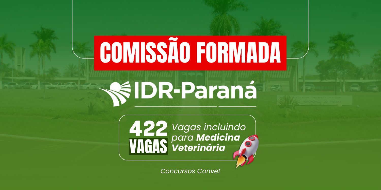 Imagem com fundo esverdeado mostrando a fachada de um prédio institucional ao fundo. No topo, há uma faixa vermelha com o texto “COMISSÃO FORMADA”. Abaixo, aparece o logotipo do IDR-Paraná. Em destaque central, o texto “422 VAGAS”, acompanhado da frase “Vagas incluindo para Medicina Veterinária”. No canto inferior, consta “Concursos Convet”. Há um ícone de foguete ao lado do texto, reforçando a ideia de oportunidade e avanço.