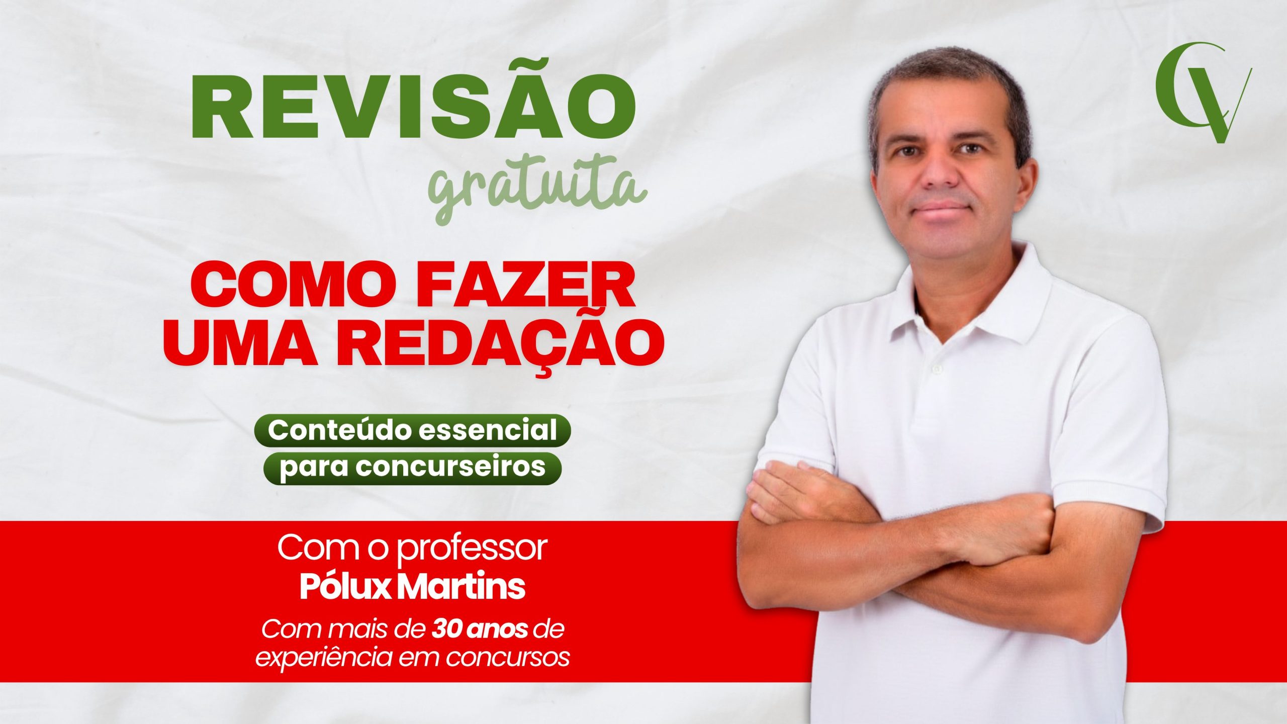 Banner de revisão gratuita, sobre como fazer uma redação, com o Professor Pólux Martins.